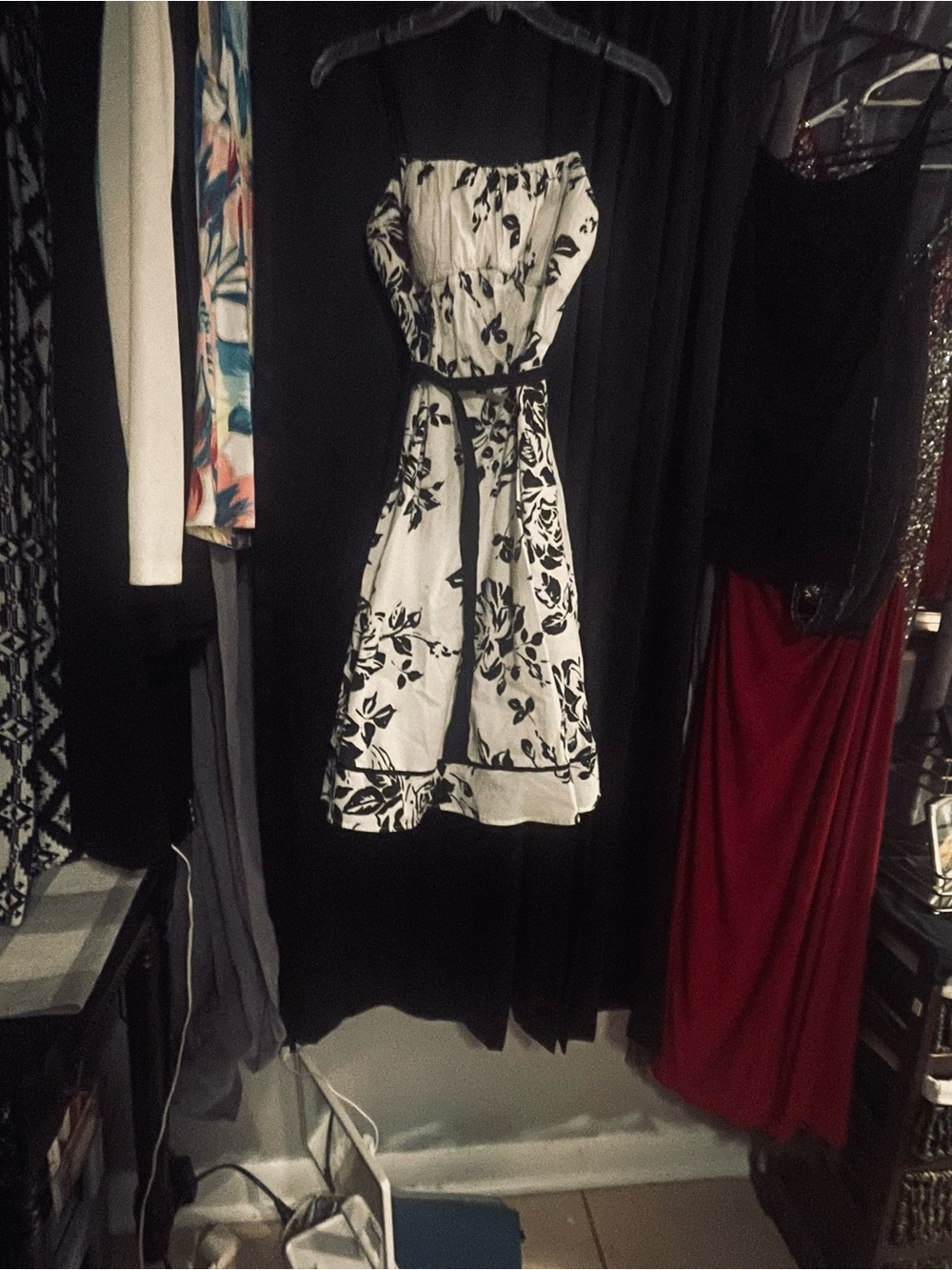 Strapless Black & White Floral Sundress with Waist Tie